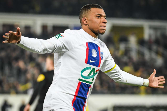 Kylian Mbappe pictured celebrating one of his FIVE goals during PSG's 7-0 win over US Pays de Cassel in the 2022/23 Coupe de France